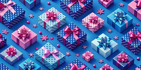 Fototapeta premium Seamless Festive Pattern with Gifts for Wrapping Paper and Fabric - Blue and Pink Background Design