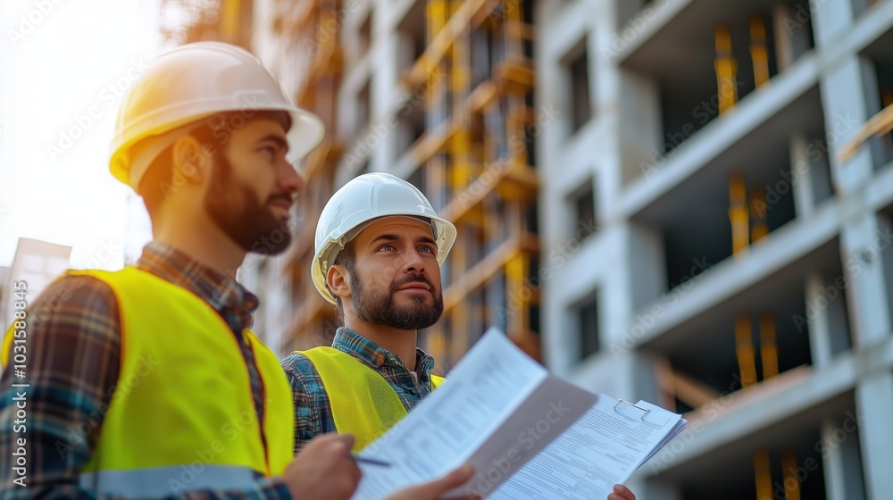 Poster two construction workers review blueprints at a building site. they wear helmets and safety gear whi