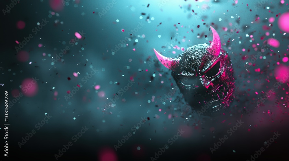 Poster a mysterious mask with pink accents floats amidst swirling particles, creating an ethereal and capti