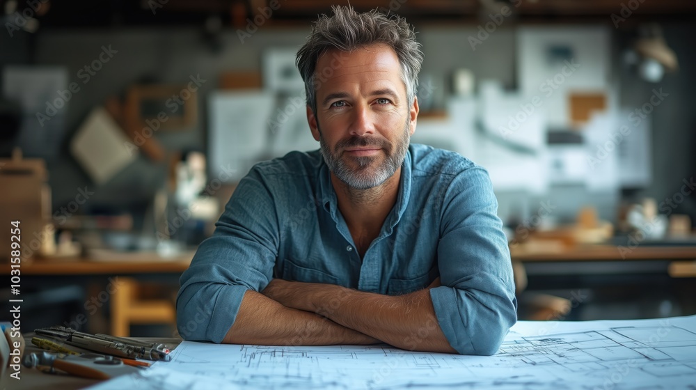 Poster professional architect poses in a design studio surrounded by blueprints and drafting tools, showcas