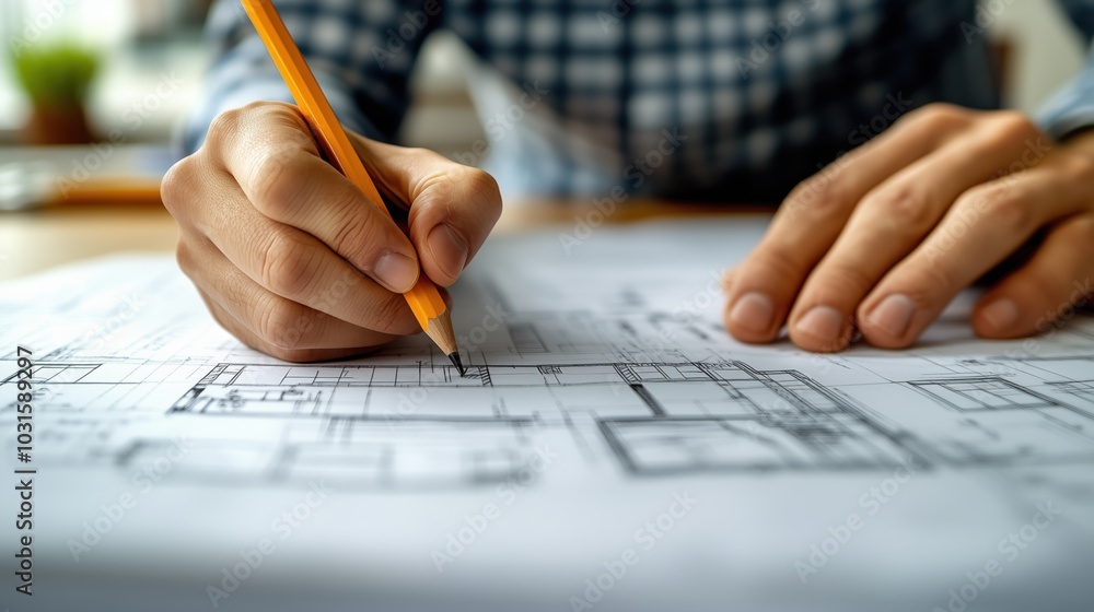 Poster manual drafting of architectural plans on paper. close-up view of a hand drafting architectural plan