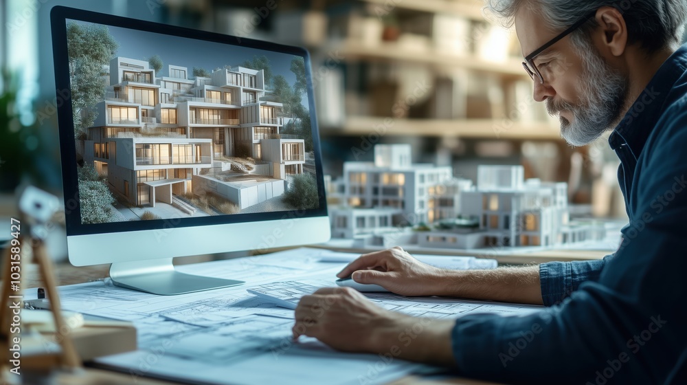 Aufkleber architect designing modern residential buildings. architect designs modern residential project using