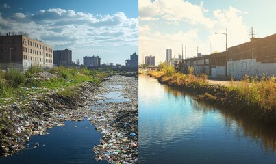 Urban river, polluted side and clean side.