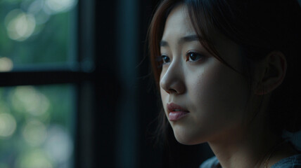 窓際で考え事をしている若いアジア人女性