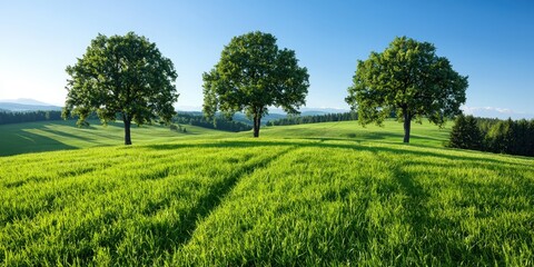 Obraz premium Idyllic Green Meadow with Three Trees and Rolling Hills Landscape