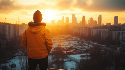 Fototapeta premium Sunset View of Urban Skyline and Cityscape. Person stands atop a rooftop, gazing toward a stunning sunset illuminating a modern urban skyline, capturing the serene beauty of city life at twilight.