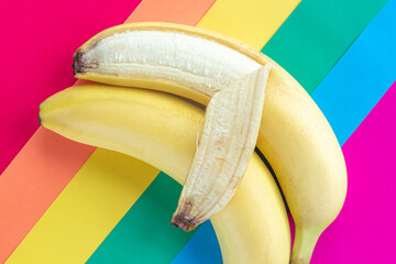 LGBT love concept, two bananas lie and hugged on the rainbow flag, symbol of male love