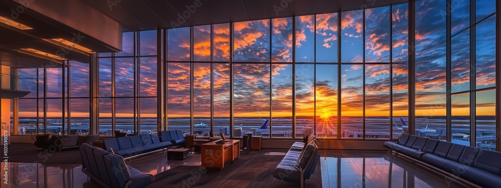 Poster a panoramic view of a beautiful sunset through large windows in an airport terminal, with seating an