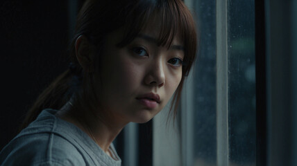 窓際で考え事をしている若いアジア人女性