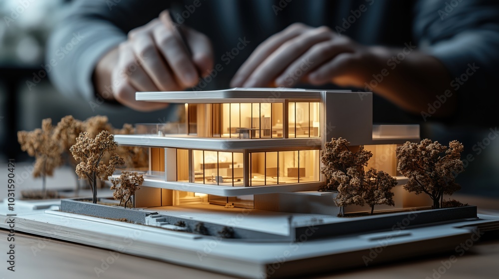 Poster modern architectural model on workspace. modern architectural model being crafted and designed, show