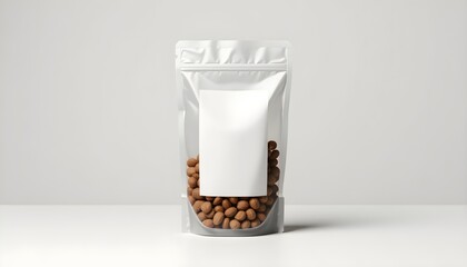 Clear pouch with kibble, minimalistic pet food packaging mockup design.