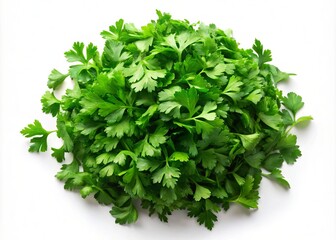 Fototapeta premium Fresh Chopped Parsley Leaves Isolated on Clean White Background for Culinary Use, Healthy Cooking, Garnishing, and Food Styling in Product Photography