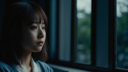 窓際で考え事をしている若いアジア人女性