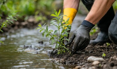 Hand planting a sapling near a stream.