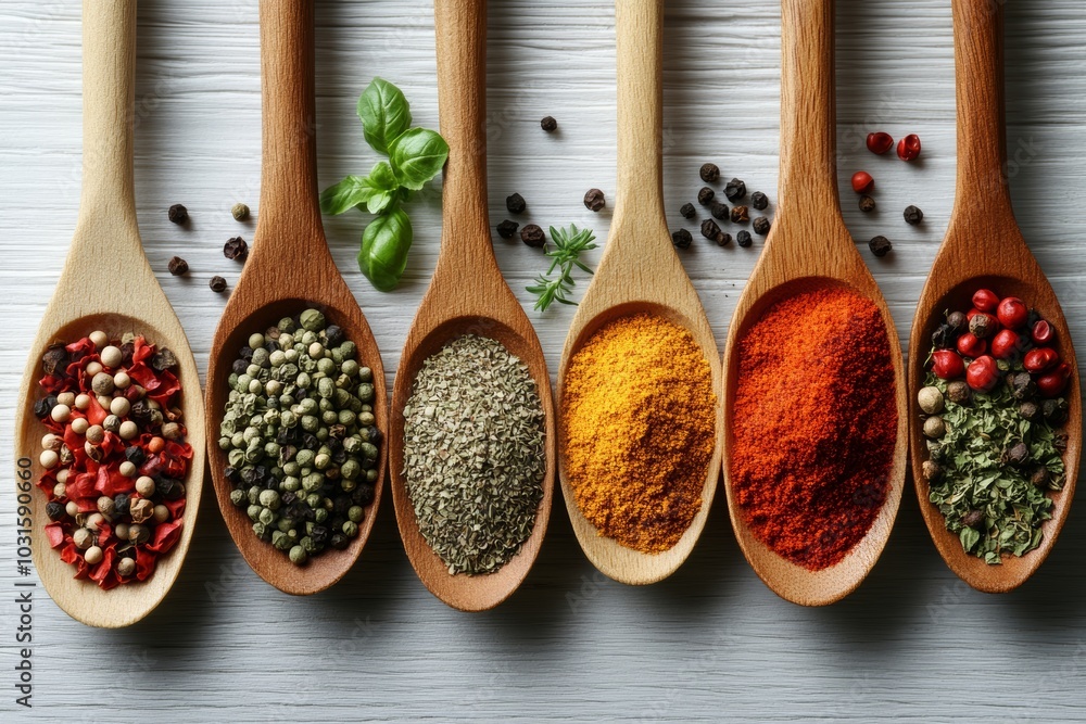 Poster collection of spoons with various spices on a table. spoons are arranged in a row, with each spoon c