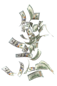One hundred US dollar bill falling transparent image 3d rendering