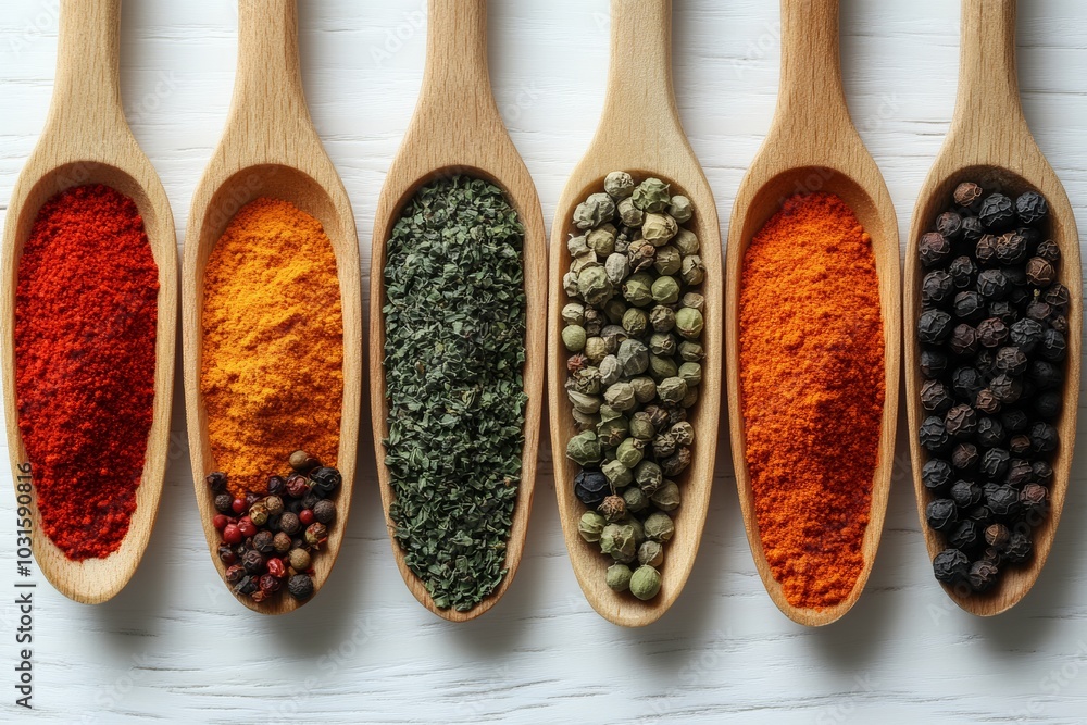 Poster collection of spoons with various spices on a table. spoons are arranged in a row, with each spoon c