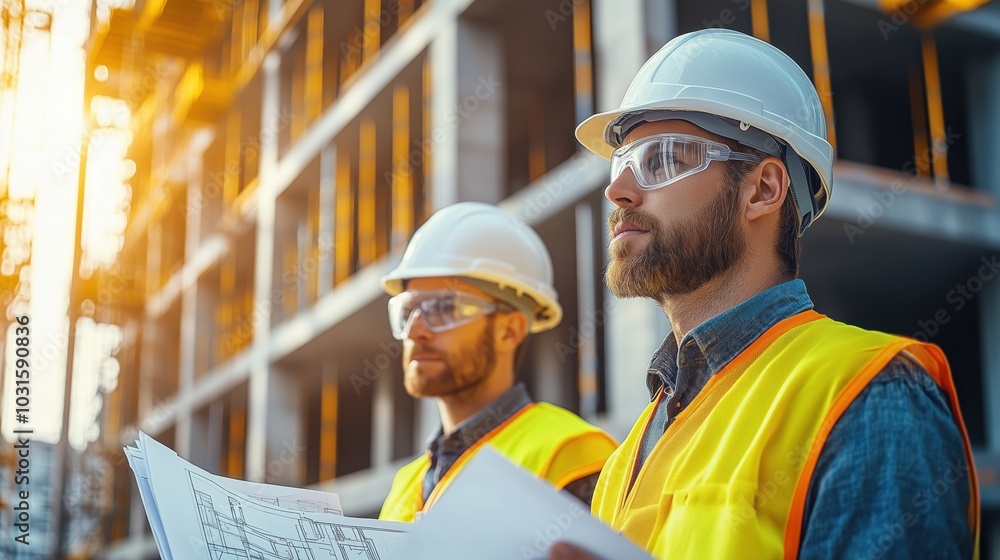 Aufkleber construction workers observing building progress. two construction workers wearing safety gear obser