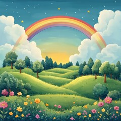 Obraz premium illustration landscape with rainbow and clouds