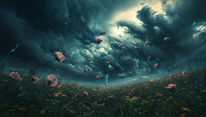Fototapeta premium An open field where thunderstorms constantly rage, but instead of lightning, bursts of flowers erupt from the clouds and fall to the ground