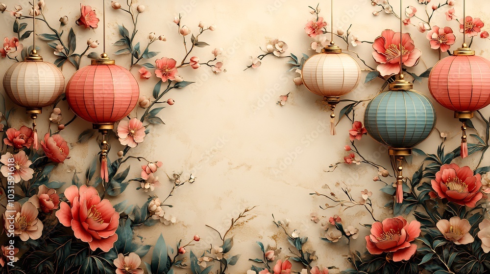Poster elegant paper cut design with soft pink and gold lanterns arranged in a floral pattern set against a
