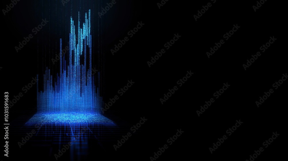 Poster futuristic image of a towering 3d structure of glowing blue lines on a dark background.abstract data