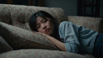 Obraz premium ソファに横たわっている若いアジア人女性