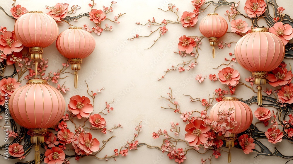 Poster elegant paper cut design with soft pink and gold lanterns arranged in a floral pattern set against a