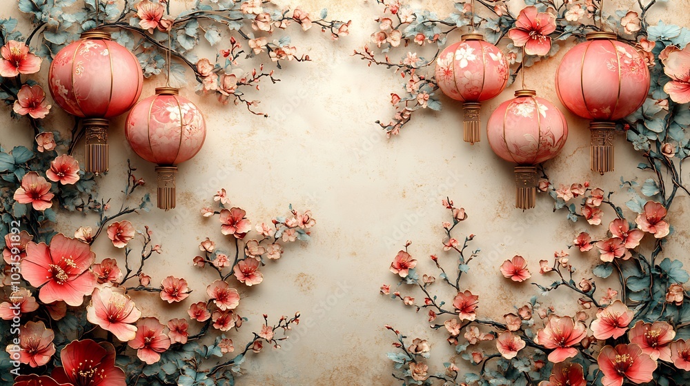 Poster elegant paper cut design with soft pink and gold lanterns arranged in a floral pattern set against a