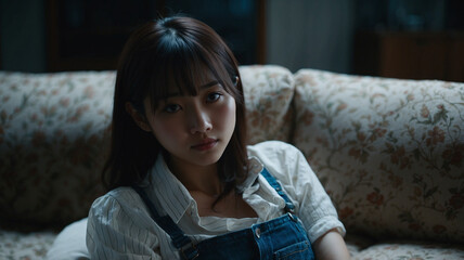 Obraz premium ソファに横たわっている若いアジア人女性
