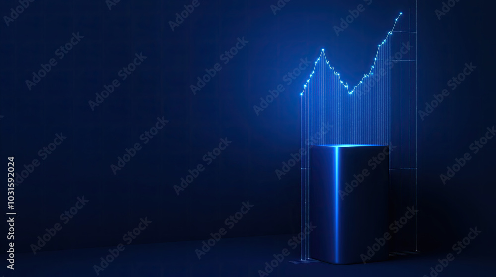 Poster futuristic image of a towering 3d structure of glowing blue lines on a dark background.abstract data
