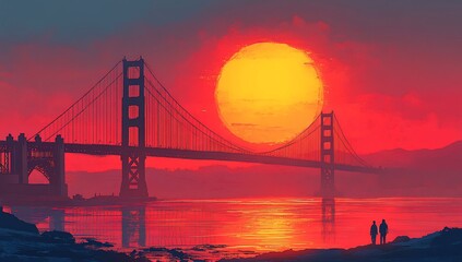 Obraz premium A vibrant sunset over a bridge, with silhouettes of two people by the water.