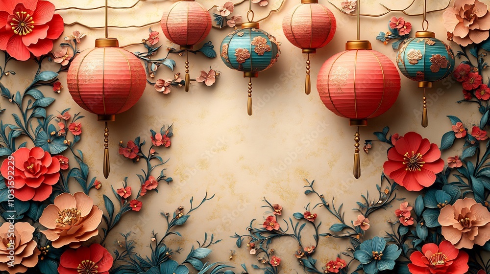 Poster elegant paper cut design with soft pink and gold lanterns arranged in a floral pattern set against a