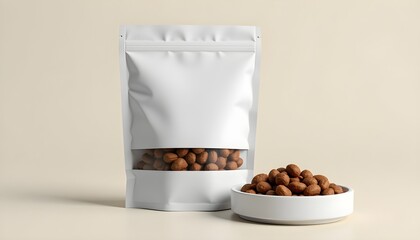 Minimalist pet food packaging with resealable pouch and bowl of kibble.