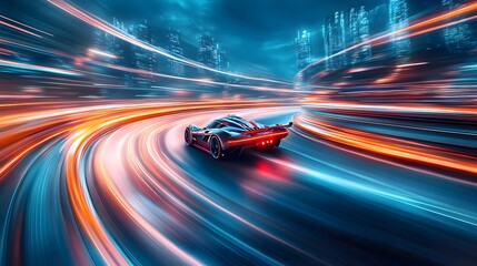 Fototapeta premium Hovercrafts in a high-speed race, zipping around a circular floating platform, the track surrounded by holographic advertisements and sci-fi cityscapes in the background