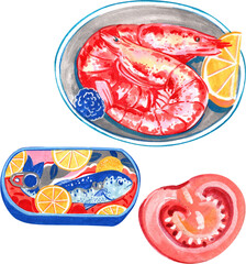 Red lobster, canned fish, half-cut lemon, and half tomato, hand-drawn watercolor painting illustration