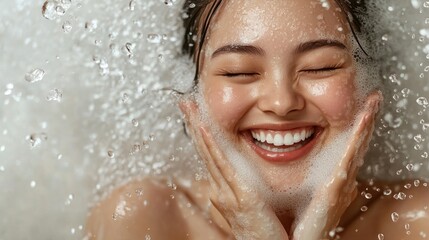 A Woman Smiling with Water Droplets and Soap Bubbles on Her Face