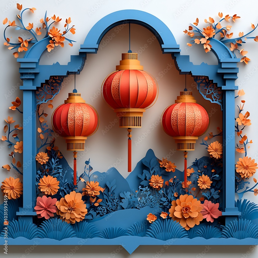 Poster elegant paper cut style design with layered lanterns in vibrant shades accented by subtle geometric 