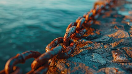 Rusty Chain on Rocky Shore with Water Background