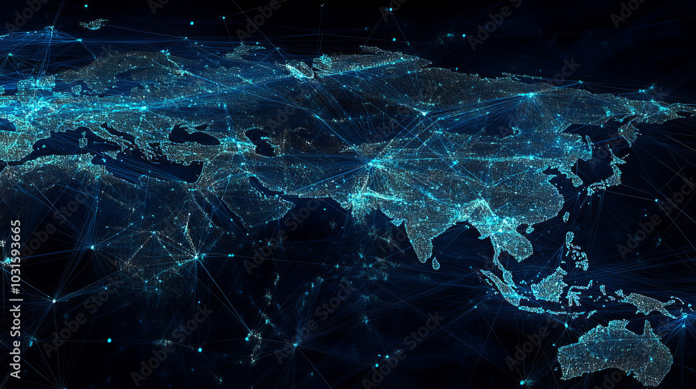Poster a world map made up of dots, lines, and connections shows how the globe is linked. the map focuses o