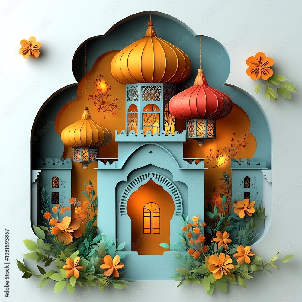 Poster elegant paper cut style design with layered lanterns in vibrant shades accented by subtle geometric 