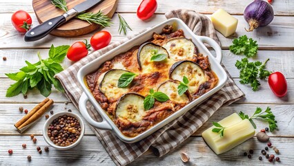 Greek Moussaka Dish on White Wooden Table, Top View - Perfect for Food Blogs, Recipes, and Culinary Content, Showcasing Delicious Mediterranean Cuisine