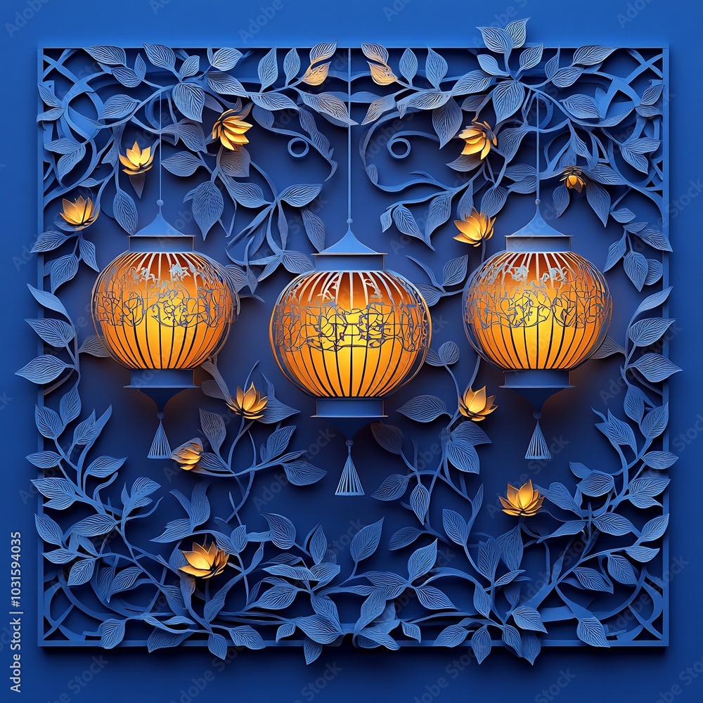 Poster elegant paper cut style design displaying a series of golden lanterns intertwined with intricate vin