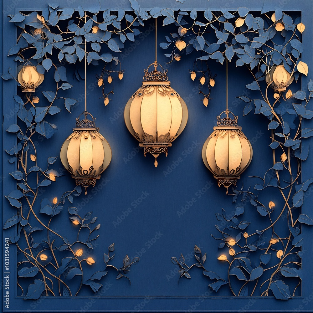 Poster elegant paper cut style design displaying a series of golden lanterns intertwined with intricate vin
