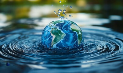Water droplets forming the shape of continents on a globe, emphasizing the interconnectedness of water resources worldwide, Global water awareness, Generative AI