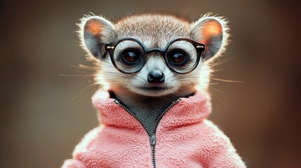 A cute meerkat wearing glasses and a pink hoodie looks playfully at the camera, showcasing its charming personality and trendy style