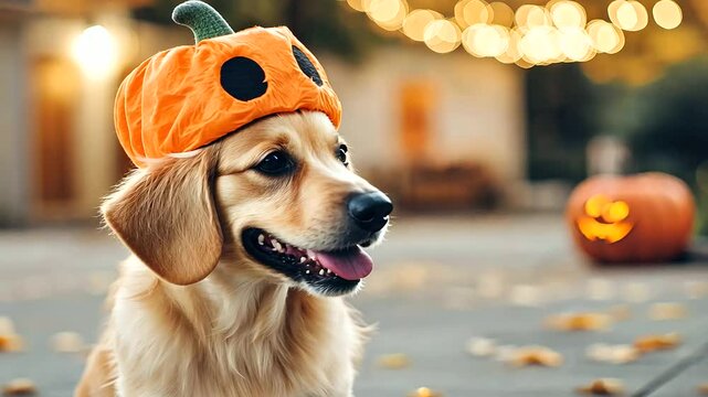 a Halloween Pup. Cute Dog Dressed in Spooky Costume, Enjoying the Streets with a Festive Halloween Atmosphere in the Background