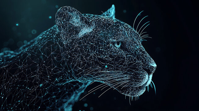 Futuristic leopard constructed of polygonal digital lines