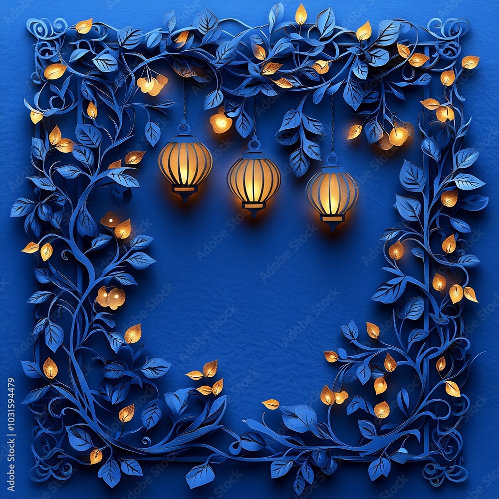 Poster elegant paper cut style design displaying a series of golden lanterns intertwined with intricate vin