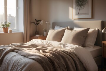 Cozy Bedroom Interior with Soft Pillows and Blanket
